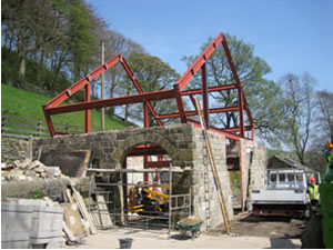During construction the steel frame is erected